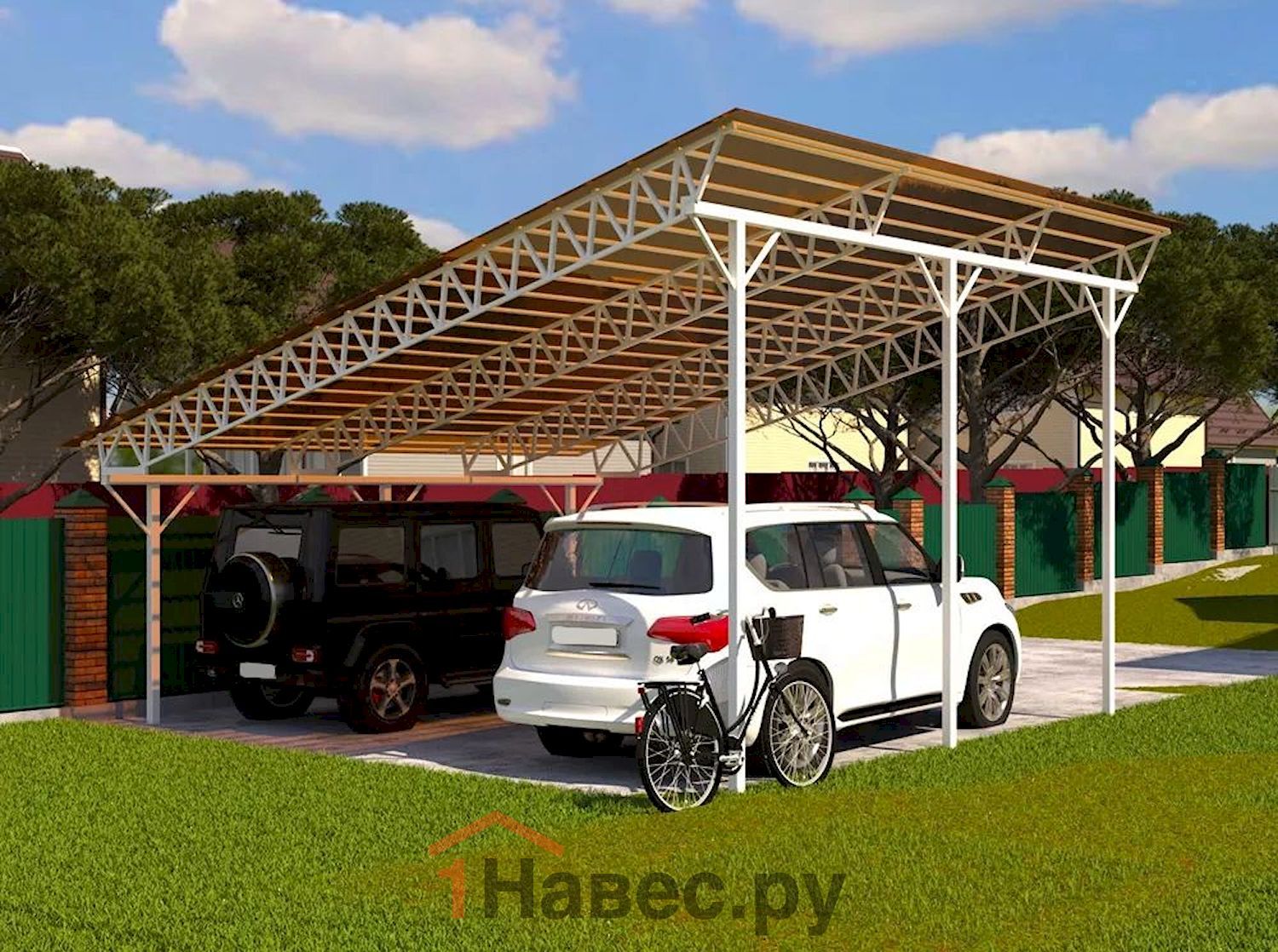 Односкатный навес из поликарбоната на 2 места авто